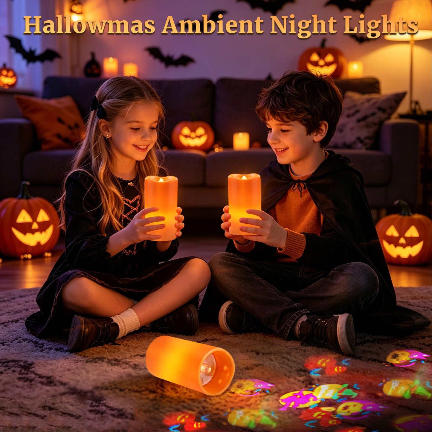 AVEKI Halloween Flameless Candles Projector, LED Pillar Candles with Remote and Timer, Battery Operated Romantic Projection Light for Wedding Home Decor, Gifts for Festival (Orange - Halloween)
