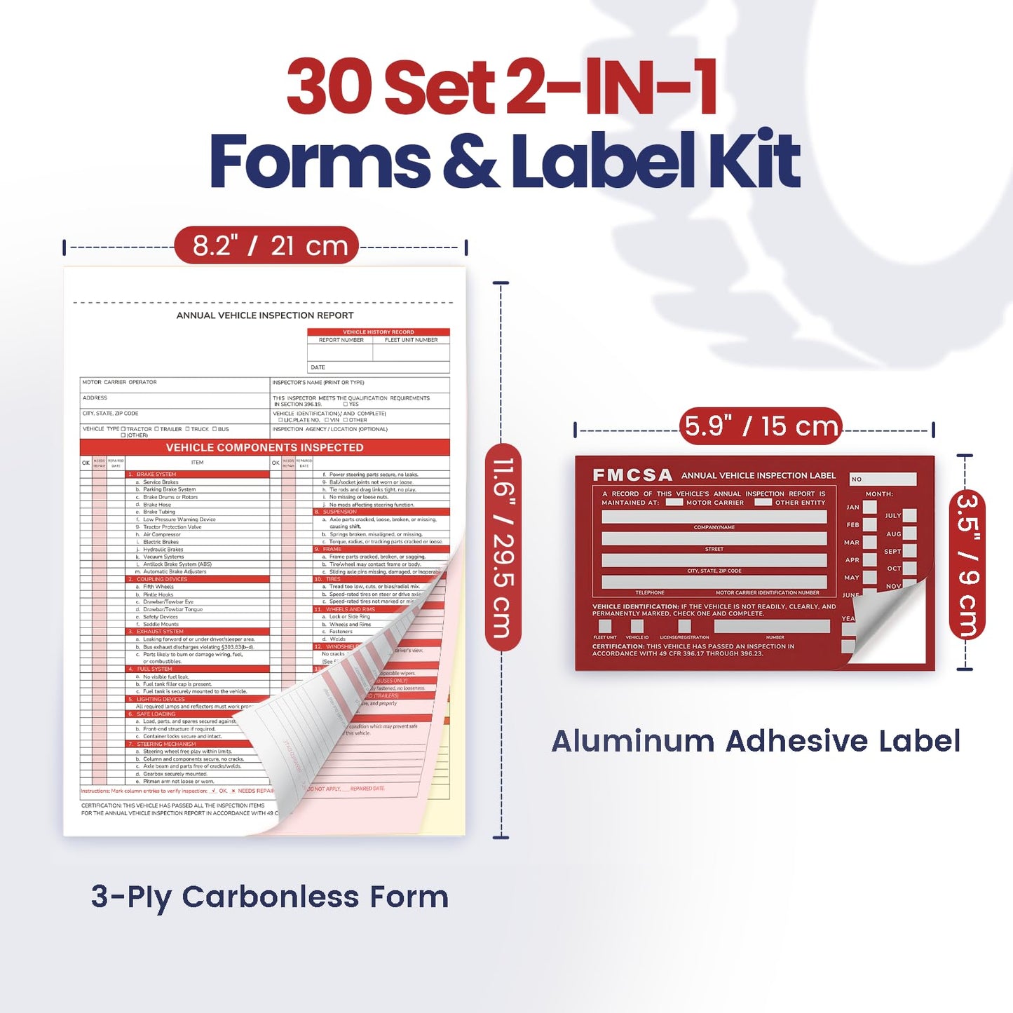 Annual Vehicle Inspection Record Kit – 3-Part NCR Forms (30 Sets) + High-Visibility Adhesive Labels (30) – for Trucks & Fleet Recordkeeping | Supports 49 CFR §396.17