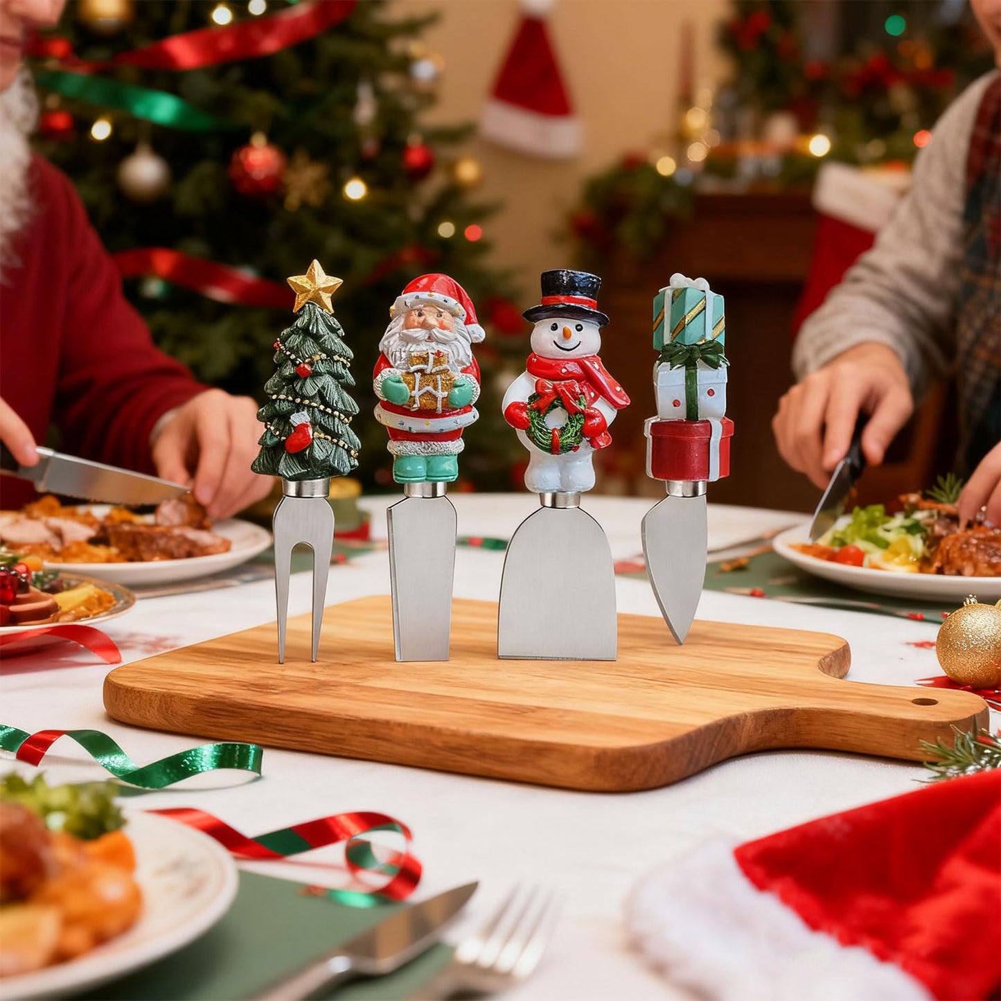 Linwnil 4-Piece Hand Christmas Resin Handles Cheese Knives, Xmas Charm Cheese Spreader Knife for Charcuterie Board Tools