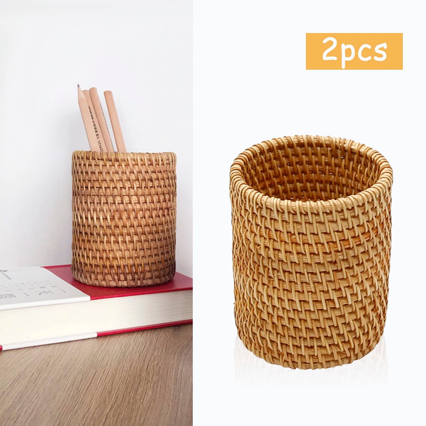 ZUDKSUY 2 Pack Rattan Pencil Holder for Desk Handmade Pen Organizer Bucket Boho Desk Accessories Pen Cup Holder Aesthetic Holder for Desk Cute