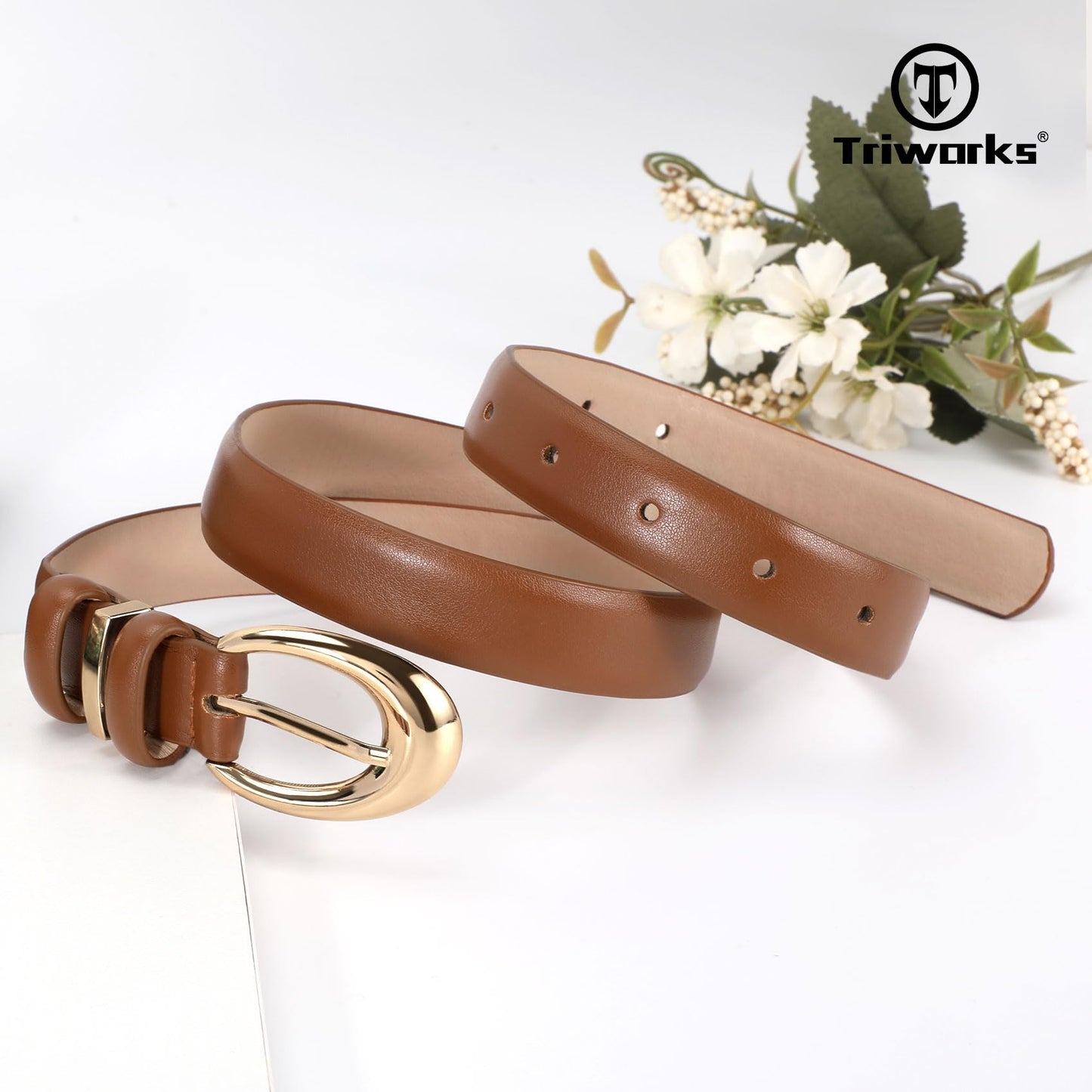 TRIWORKS 3 Pack Women Leather Belt for Jeans Pants Fashion Ladies Faux Leather Belt with Gold Buckle