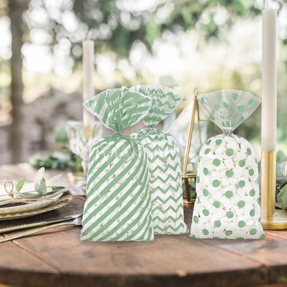 Whaline 160 Pcs Sage Green Cellophane Treat Bags Stripe Wave Dot Plastic Gift Bags Candy Goodie Bag with Twist Ties for Wedding Baby Shower Birthday Party Cookie Snack Packing Supplies, 5.1 x 10.6 Inch