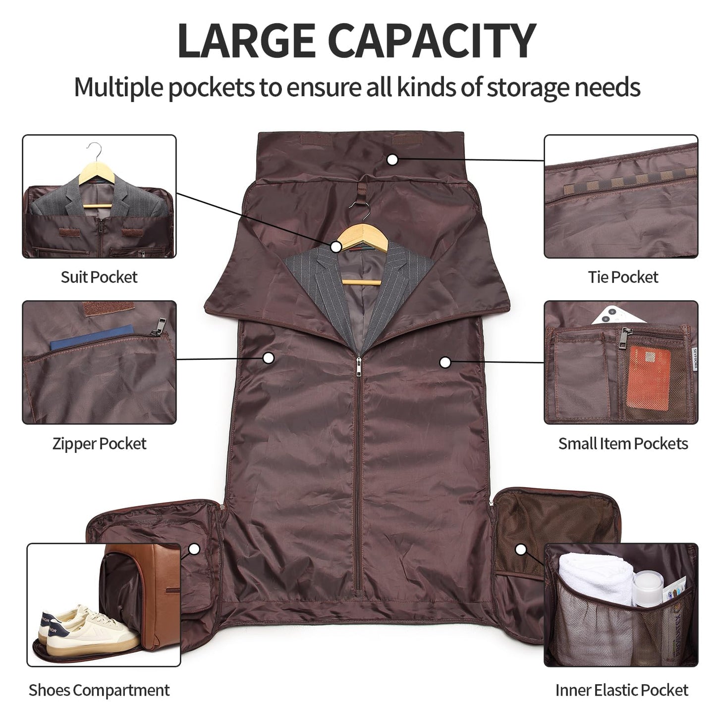 Seyfocnia Rolling Garment Bag With Wheels - Overnight Carry On Suitcase With Shoe Compartment - Convertible Duffle Bag for Travel - Brown