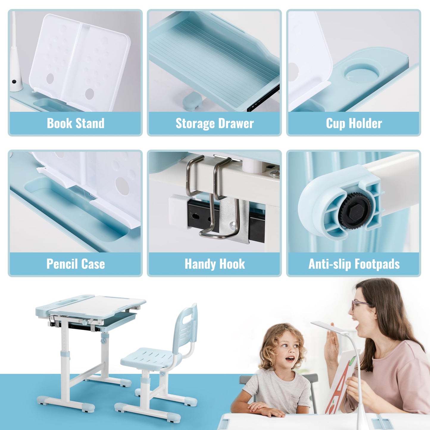 Rengue Kids Desk and Chair Set, Height Adjustable Children School Functional Study Desk with 55° Tiltable Desktop, 3 Modes & Brightness LED Light, Storage Drawer & Metal Hook for Boys Girls (Blue)