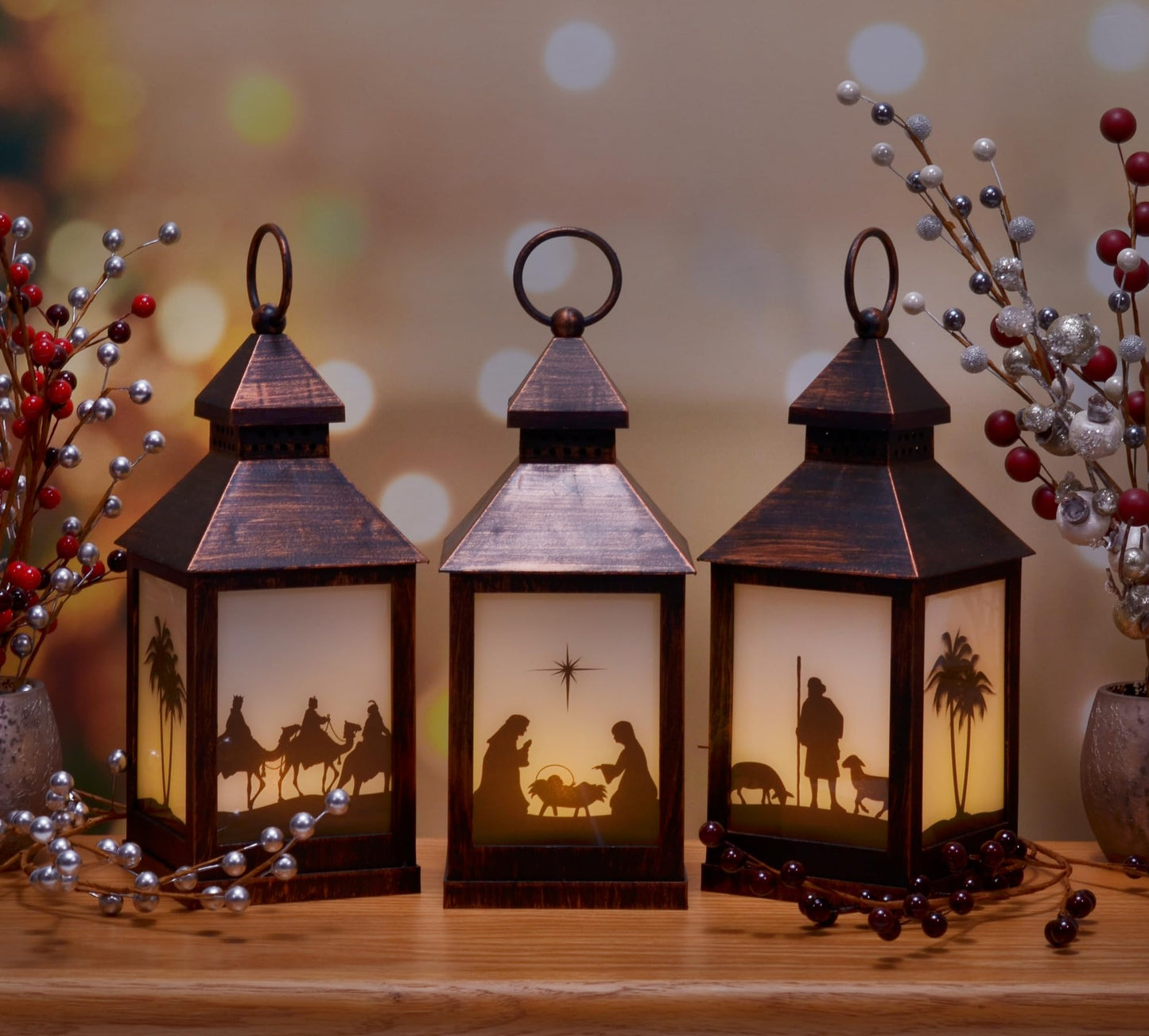 Antique Bronze Inspirational Silhouette Nativity Scene LED Flameless Holiday Candle Lanterns, Set of 3, 9.5 Inch