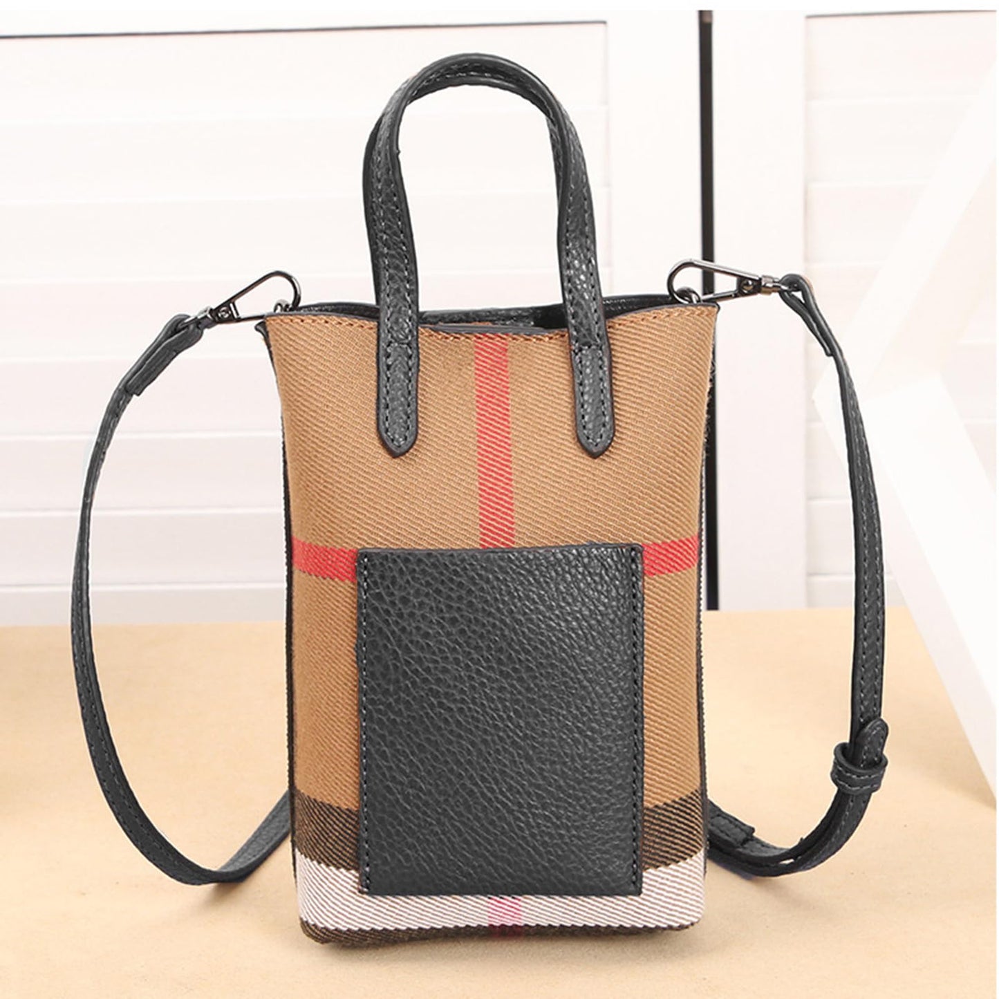 GRUMOTA Mini Plaid Canvas Handbag for Women Small PU Leather Top Handle Bucket Hand Bag,Classic Khaki Crossbody Wallet Purse(Checked Black)