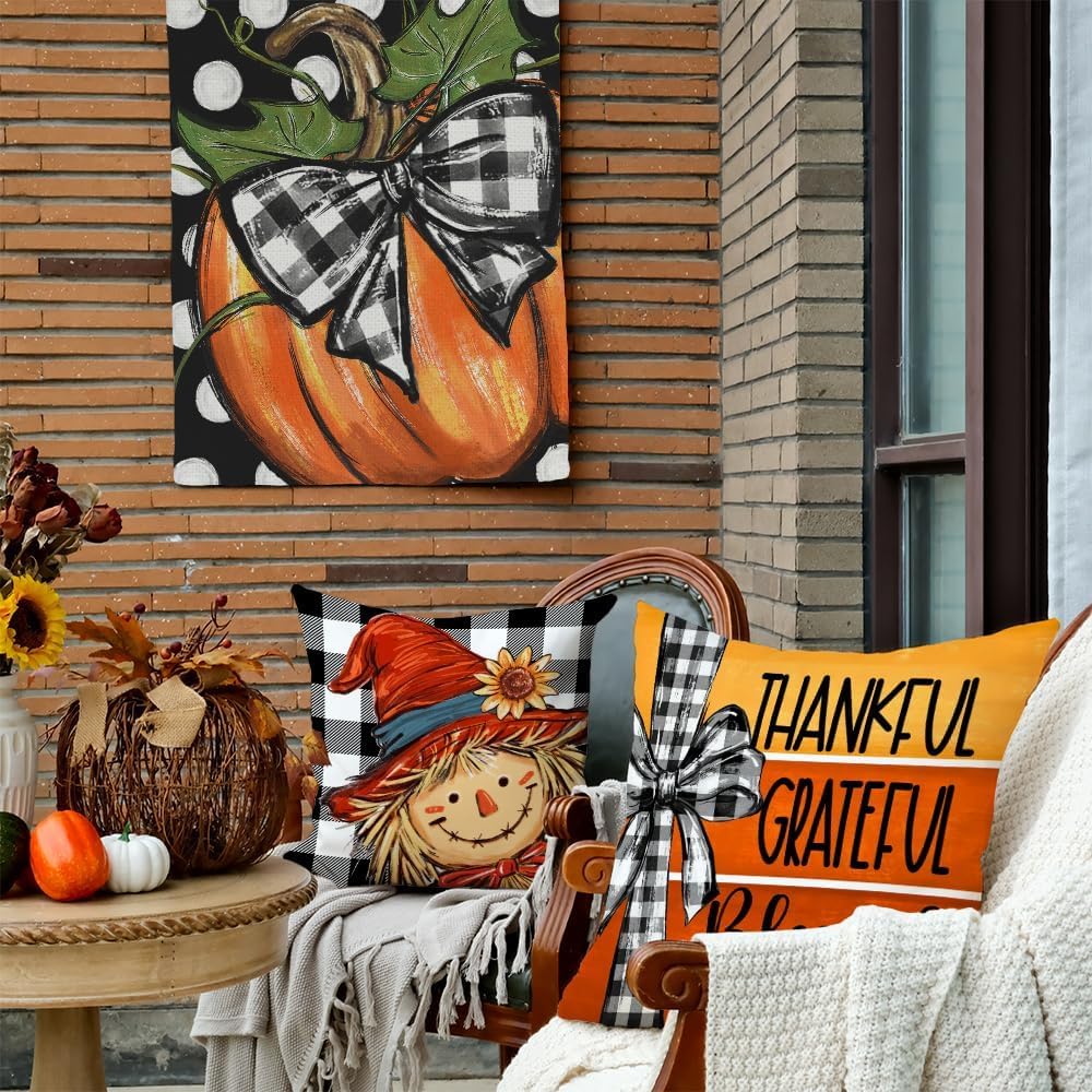 GEEORY Fall Buffalo Plaid Pumpkin Scarecrow Pillow Covers 18x18 Set 4