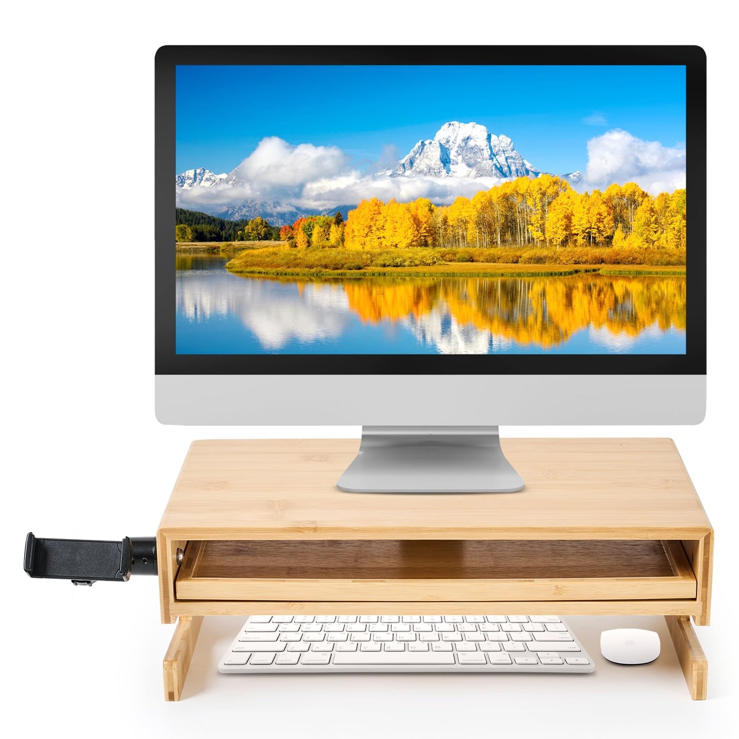 LICHIL Monitor Stand Desk Top Organizer with Storage Drawer & Phone Holder,Bamboo Monitor Stand with Keyboard Tray, Wide Monitor Riser Non Slip Desk Riser