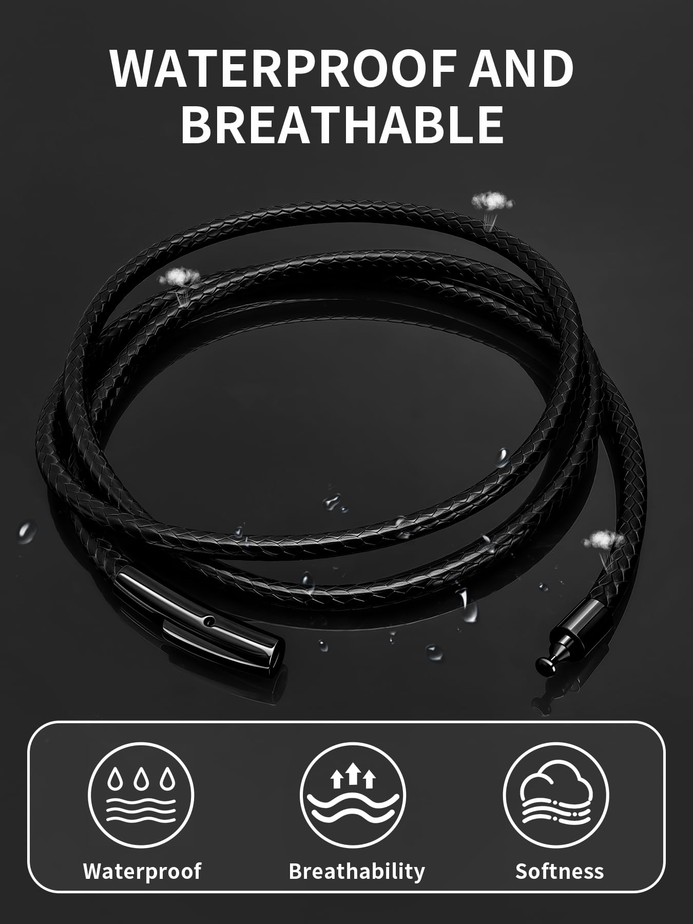 Hoyazvet 3MM Black Rope|Black Clasp Waterproof Braided Leather Necklace Cord for Men Women Black Wax Rope Chain for Pendants, 24 Inch Lengths(Gift Box)