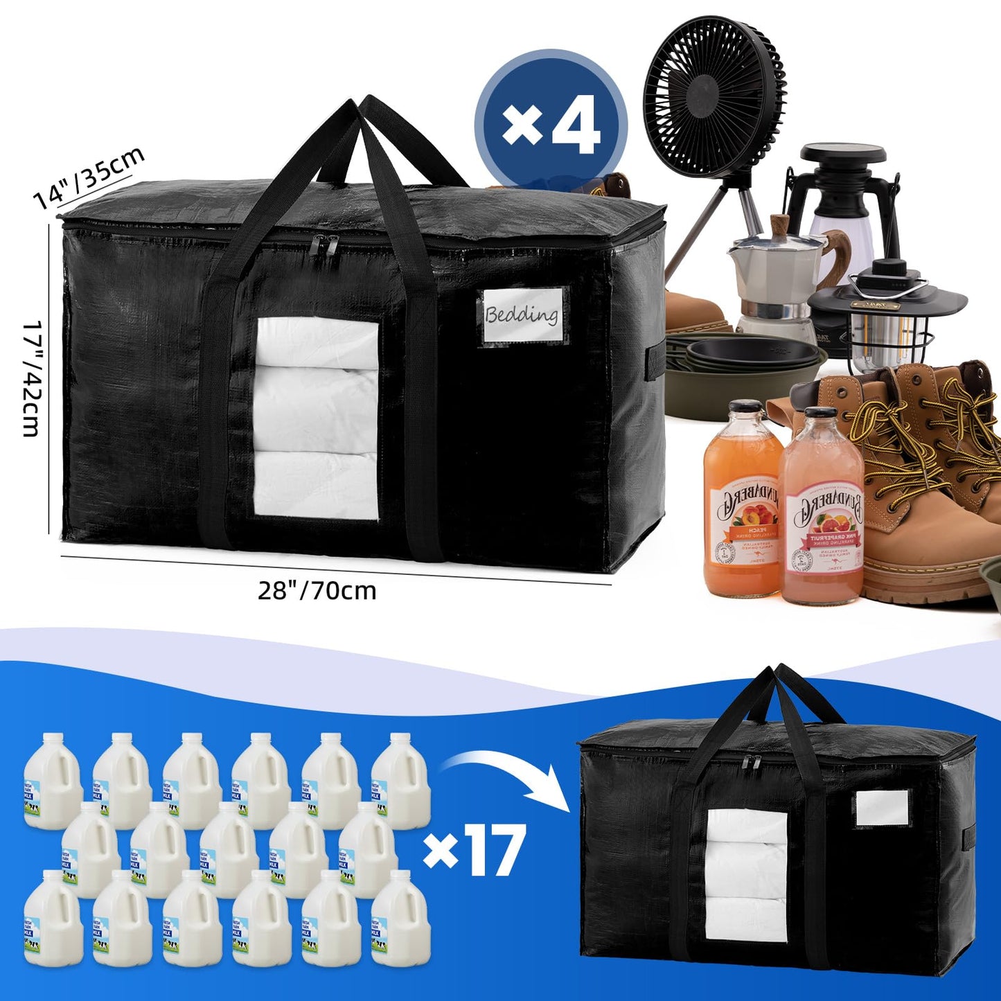 TAILI Extra Large Moving Bags, 4 Pack Black Heavy Duty Totes For Storage with Visible Window, Wrap Around Handles, Storage Bags for Space Saving, Alternative to Moving Boxes