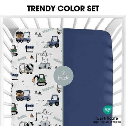 Little Grape Land Baby Cot Sheets Set for Boys & Girls, 2-Pack Soft & Breathable Microfiber,130x70cm Fitted Sheets for Standard Toddler Crib Mattress, Cute Patterns(Navy Truck)