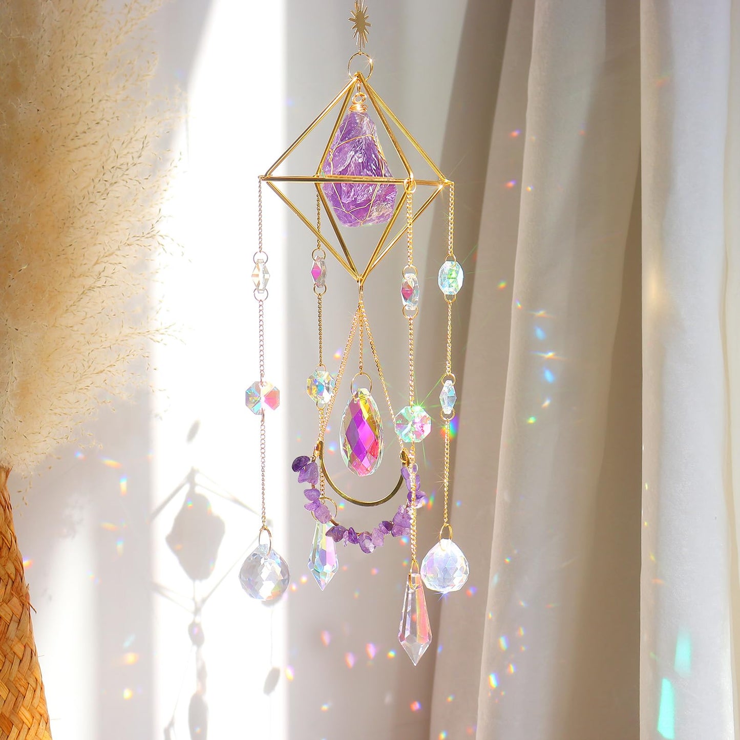 Amethyst Crystal Suncatcher - Hanging Gold Plated Garden Sun Catcher for Windows, Healing Amethyst Crystal Decor for Home, Gift for Christmas Birthday Valentine Mothers Day