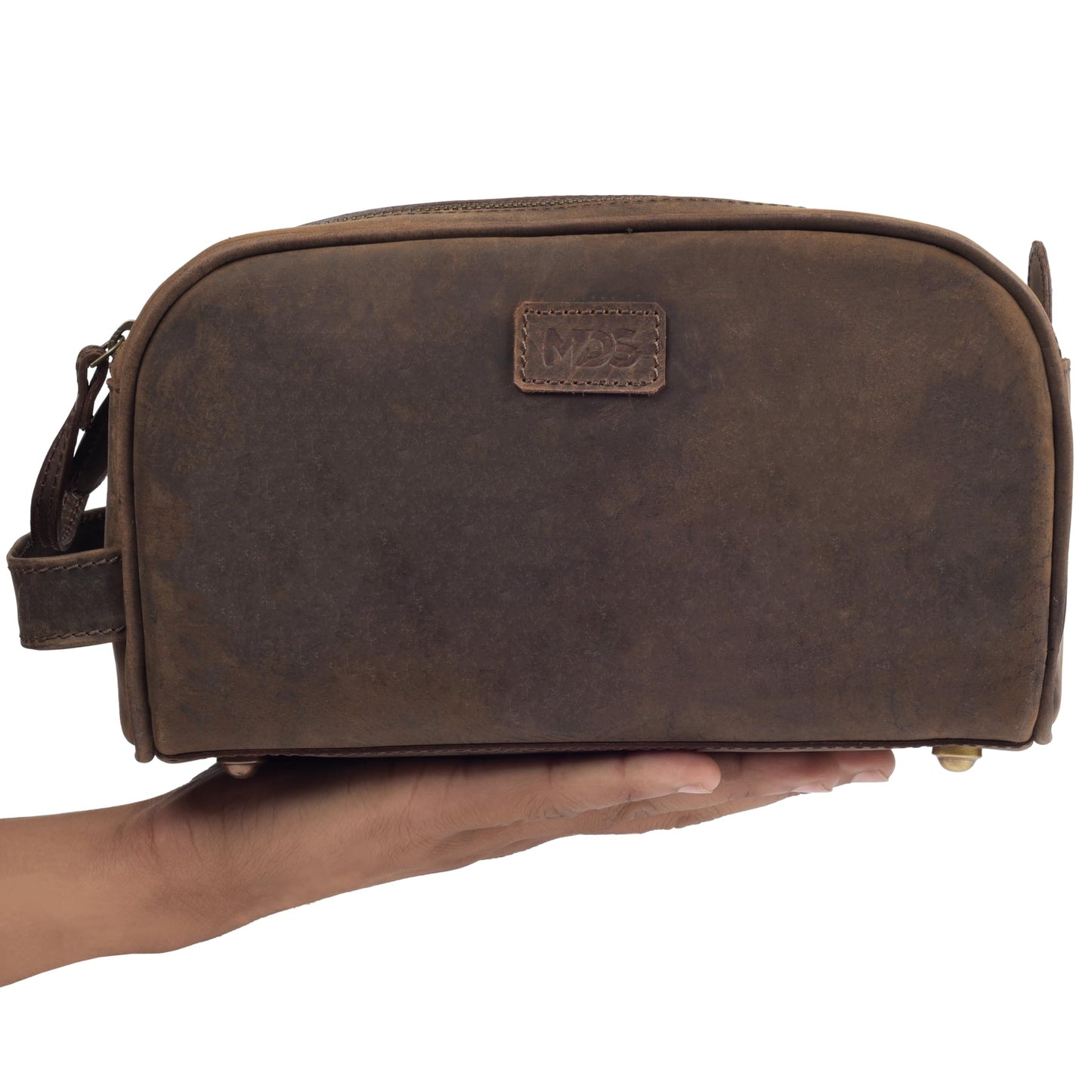 mds Genuine Leather Toiletry Bag for Men - Rustic Classic Vintage Handcrafted Full-Grain Leather Travel Dopp Kit with Waterproof Lining & Handle, Shaving & Grooming Kit Organizer Pouch - Rustic Brown