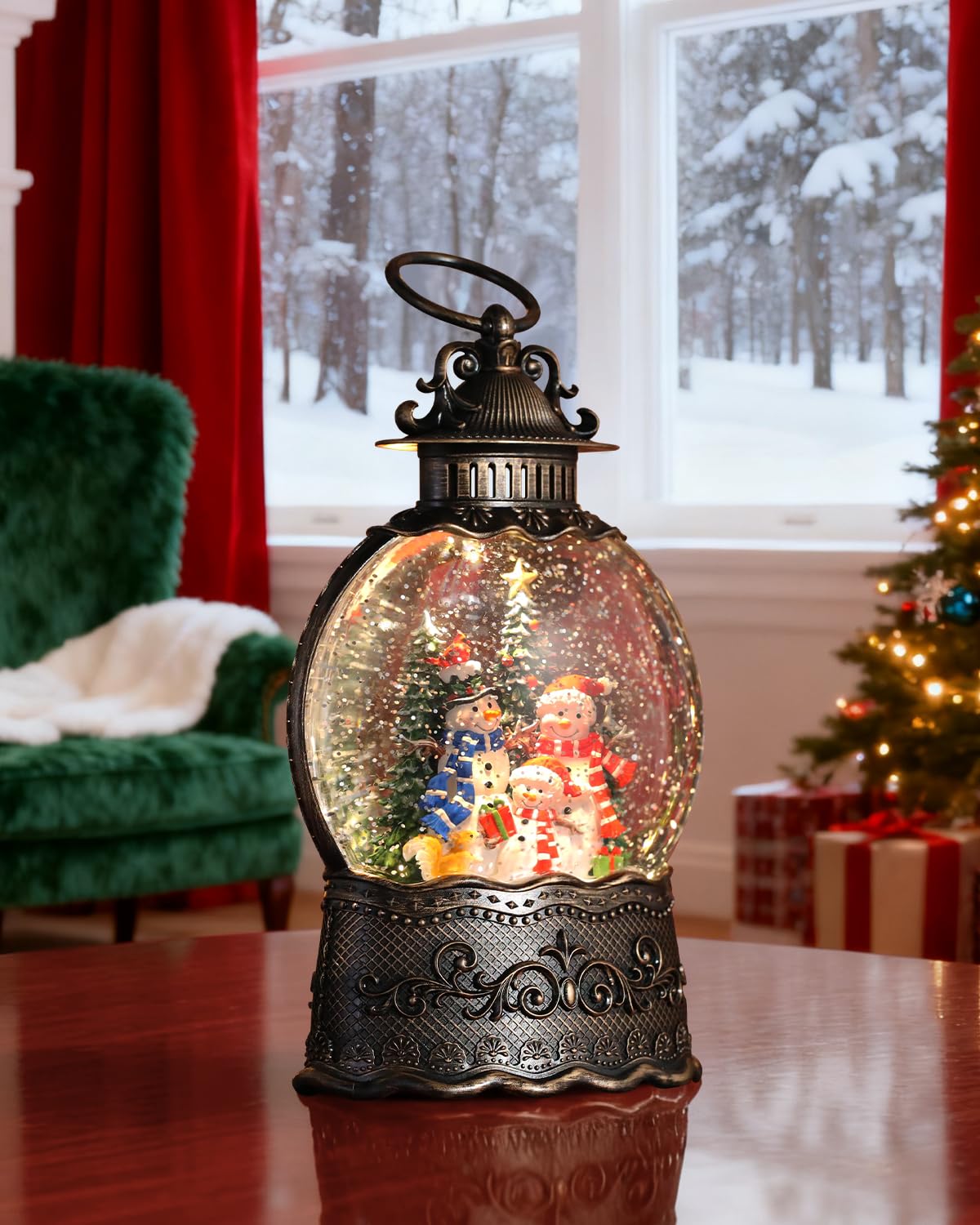 Christmas Snow Globe Lantern with Frosty Snowman Cardinals for Christmas Decorations, with Music and Lighting Features，USB or Battery Operated