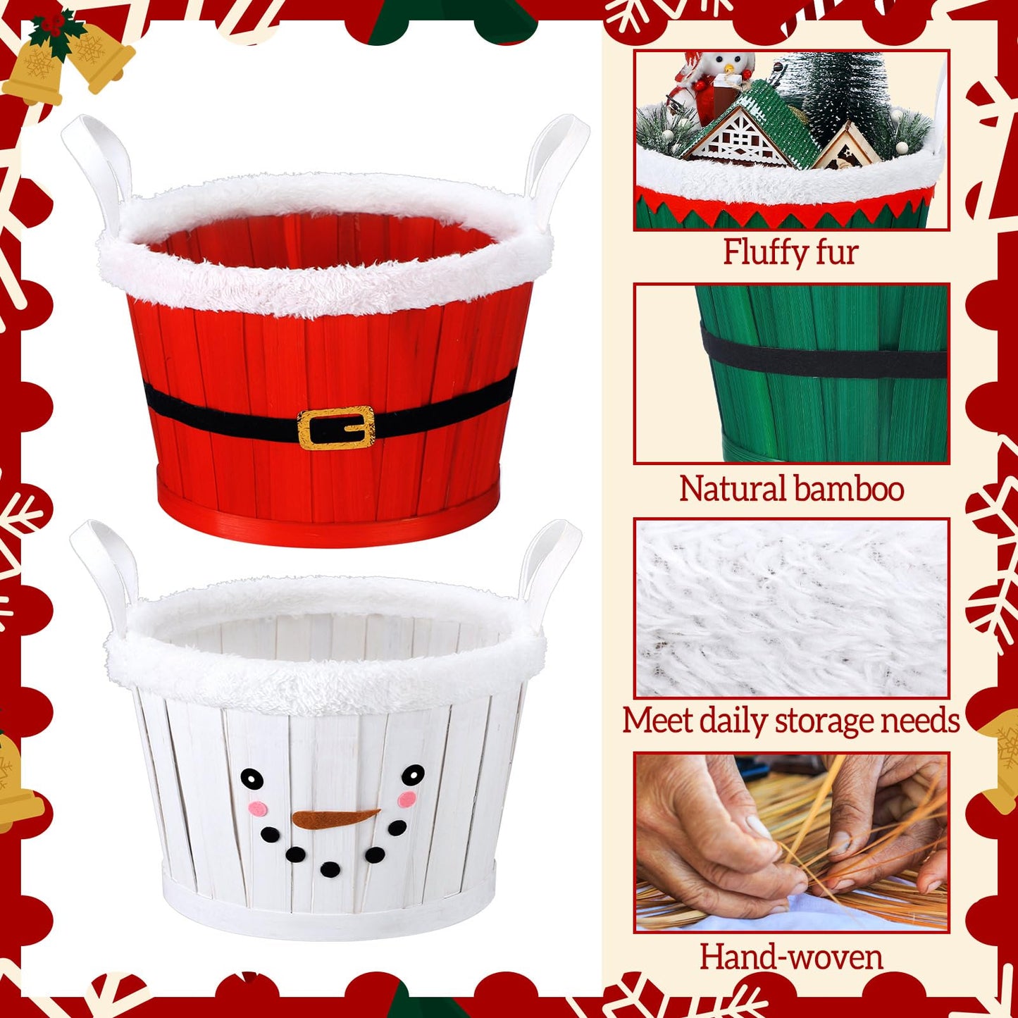 Youyole 4 Pieces Christmas Basket for Gifts Woven Bamboo Xmas Round Gingerbread Basket Small Santa Claus for Christmas Party Supplies Gift Snack Storage(Tall and Handle)