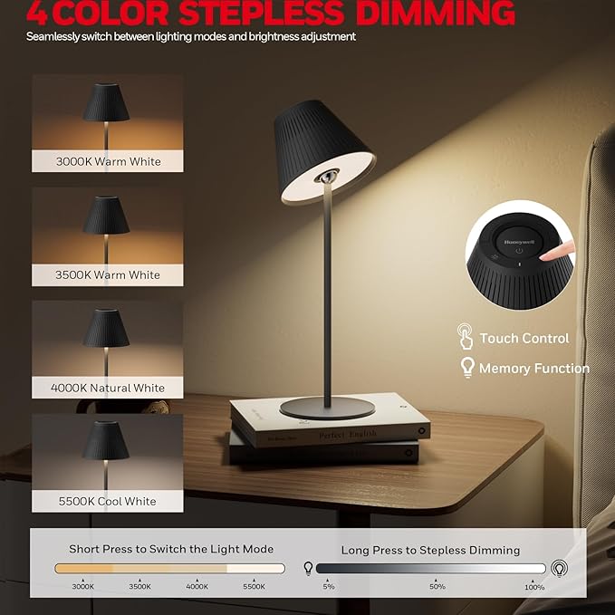Honeywell 2Pack Cordless Table Lamp Rechargeable - M1 Sunturalux Portable LED Desk Lamp 5200mAh Battery Operated 4Color 9RGB Dimmable Bedside Lamps for Home Living Bedroom Restaurant Night Light