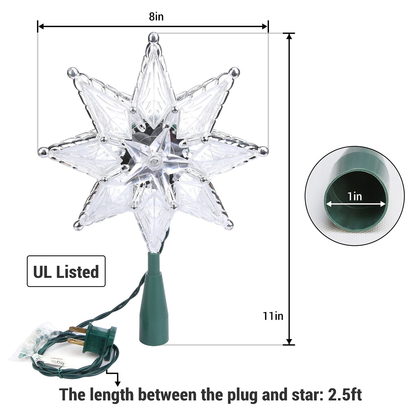 Brizled Star Christmas Tree Topper, 8" Lighted Double-Sided Star Treetop, 8-Point Xmas Tree Topper with 10 Warm Lights, 120V UL Certified for Christmas Ornament Party Home Decor