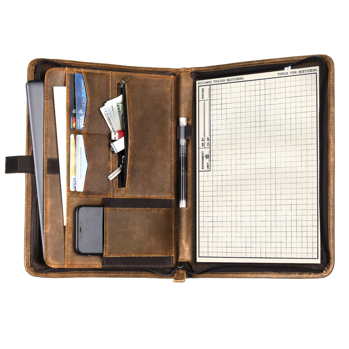 Carpetene Genuine Leather Portfolio, Professional Padfolio Binder Organizer with Zipper, Stylish Brown Cowhide Padfolio for Men Women, Leather Folio Folder for Business, Legal A4/Pad Holder Compatible