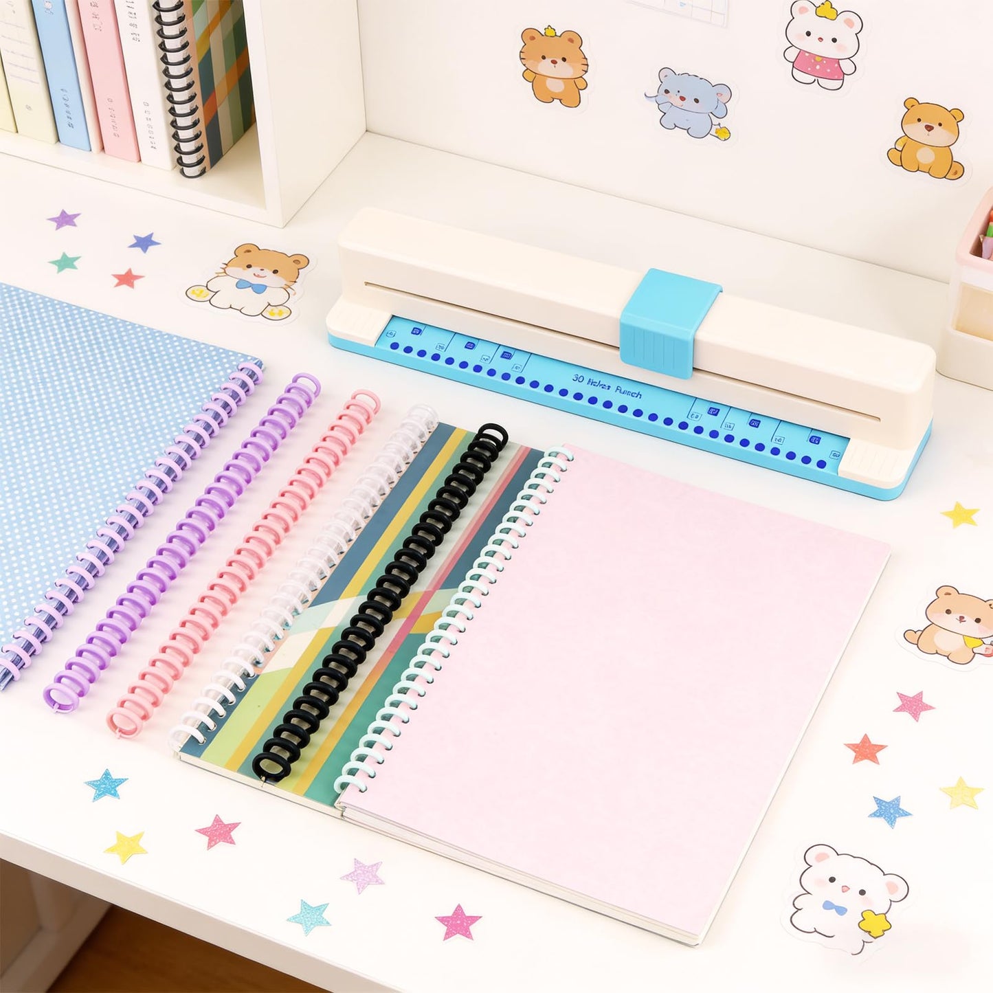 30 Hole Paper Punch, 1-Step Stamp-Shaped Binder Machine, Adjustable Stamp Paper Punch for A4 A5 A6 A7 B5 B6 B7 Notebooks, Planner Binding Machine, 5-Sheet Capacity Stamp Hole Puncher for School Office