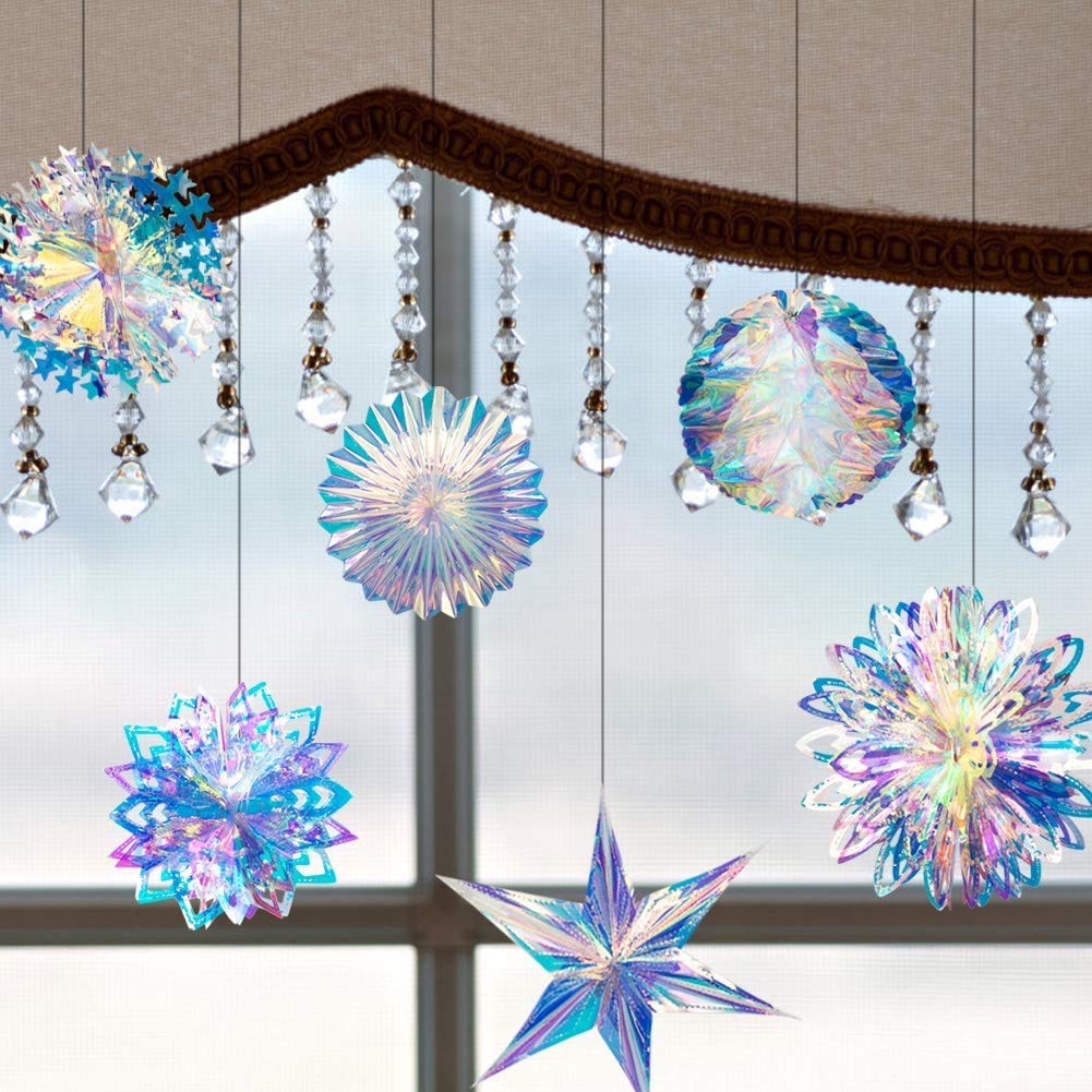 CNUSER Iridescent 6 Point Star Ornament Hanging Decorations, Clear Foil Decorative Folding Decor, Rainbow Shine Party Ornaments for Wedding Birthday Christmas Frozen Theme Party