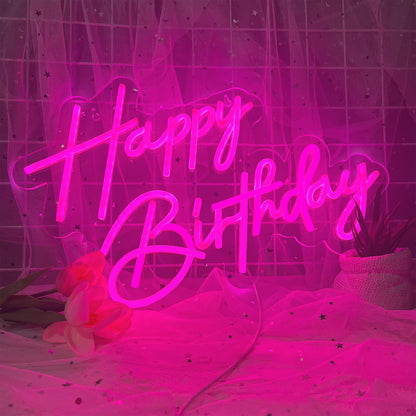 Happy Birthday Neon Sign for Wall Decor, Warm White LED Neon Light Signs, Art Decoration Happy Birthday Neon Light Sign for All Birthday Party Decoration with 2 Pcs Pasters (17×12 Inch)