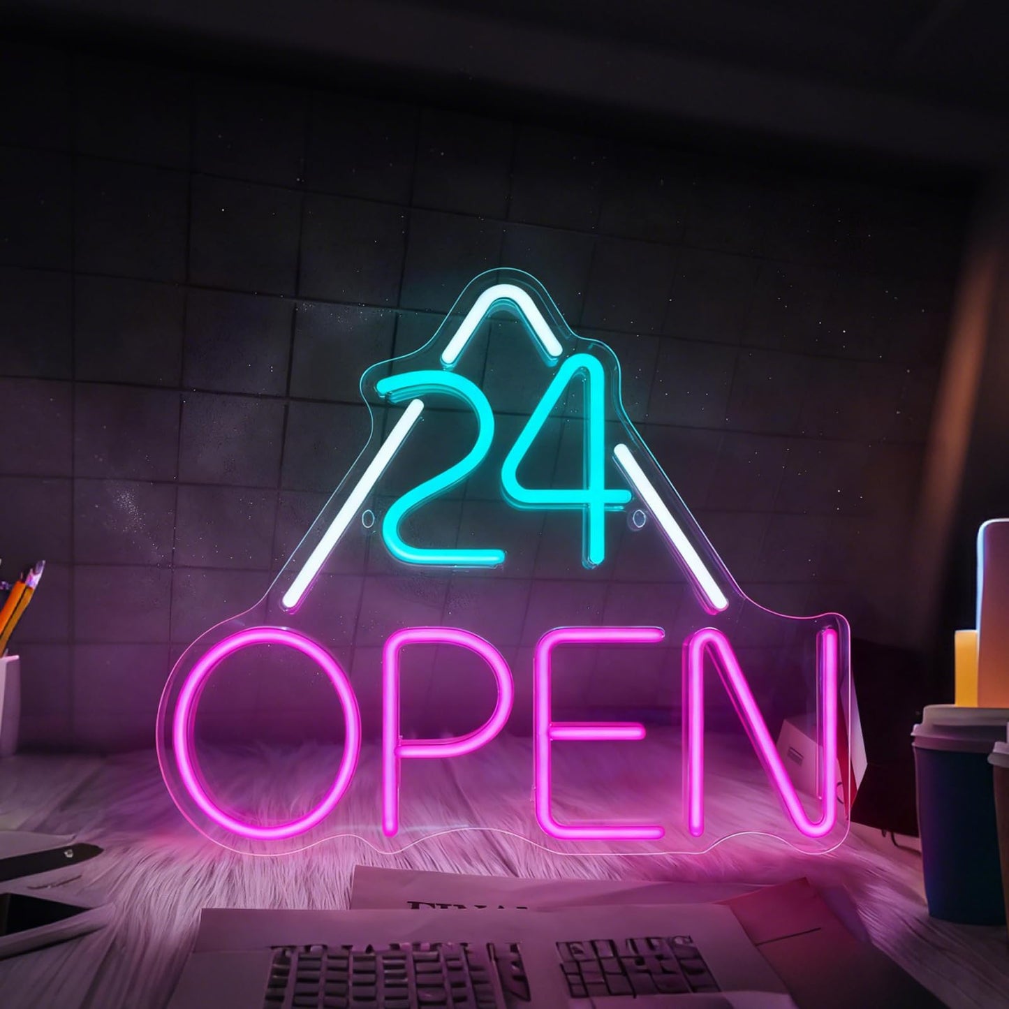 24 Open Neon Sign for Business - Dimmable USB Powered 24 Hour Open Sign for Cafe Bar Restaurant Retail Store Bakery Small Business Wall Table Neon Light Decor 15.7 x 13.8 In