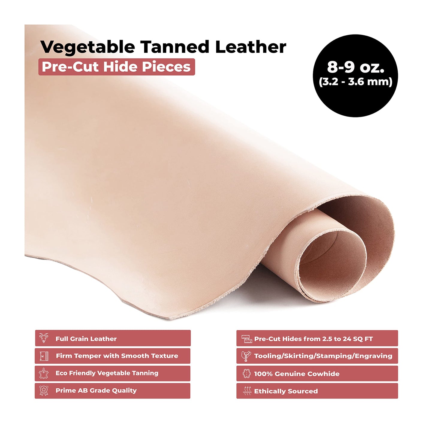 ELW Vegetable Tanned Leather 8-9 Oz. (3.2-3.6mm) Thickness | Pre-Cut 6"x12" | Tooling Leather Cowhide - Full Grain Leather Good for Crafting, Saddlery, Home Decor, Holsters, Knife Sheaths, Stamping
