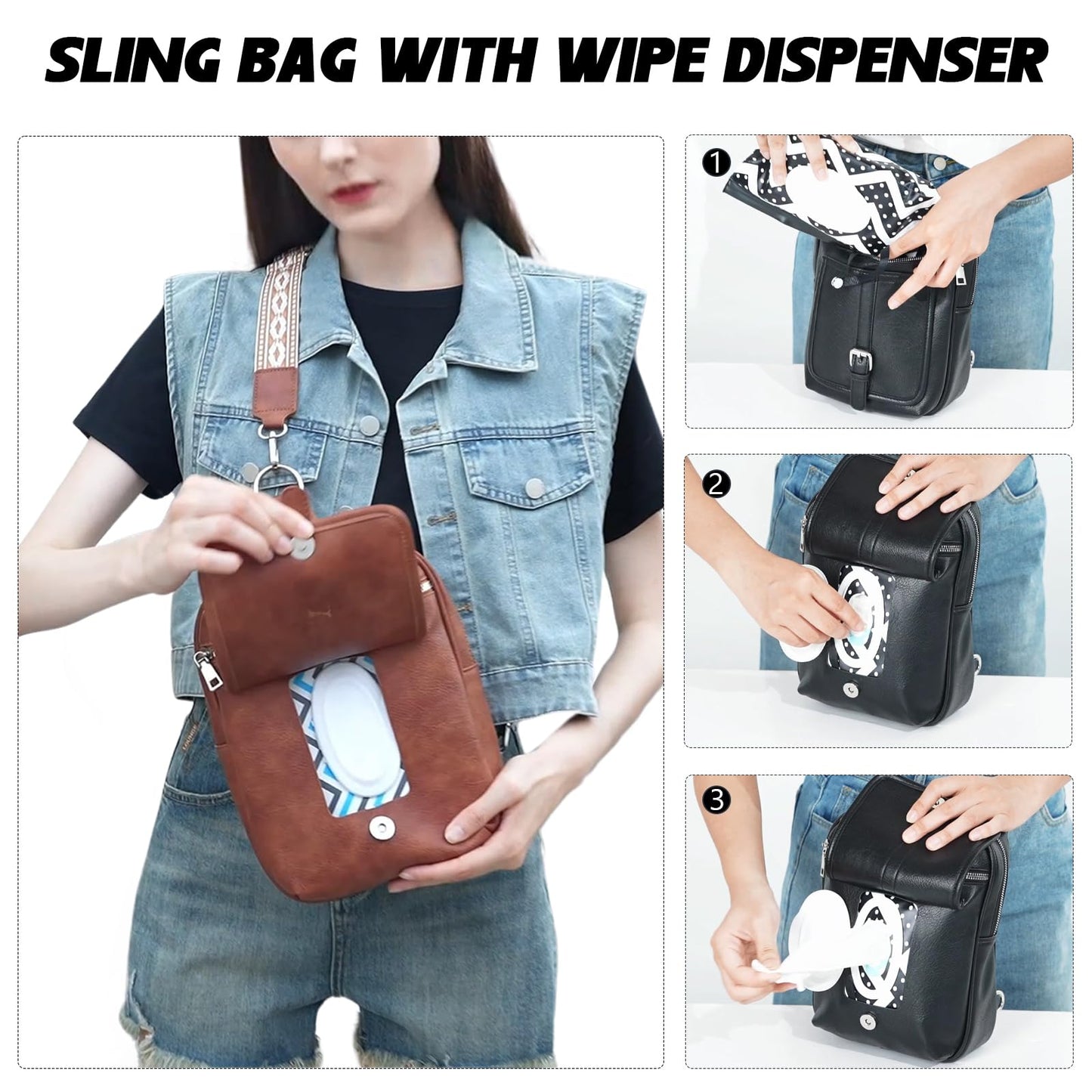 MYHOZEE Small Diaper Bag Crossbody Sling 2 in 1 Backpack Purse with 2 Wipes Pouch and 2 Removable Straps PU Leather Cross Body Bag for Women Men Front Chest Shoulder Bags, Denim Blue