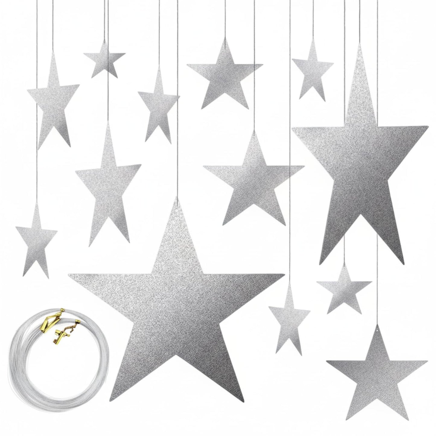 Boao 24 Pieces Silver Stars Shaped Cutouts Silver Cardboard Stars 4 Sizes 6cm/12cm/20cm/30cm Hanging Glitter Garlands with Nylon String for Wedding Birthday Party Graduation Classroom Wall Decor