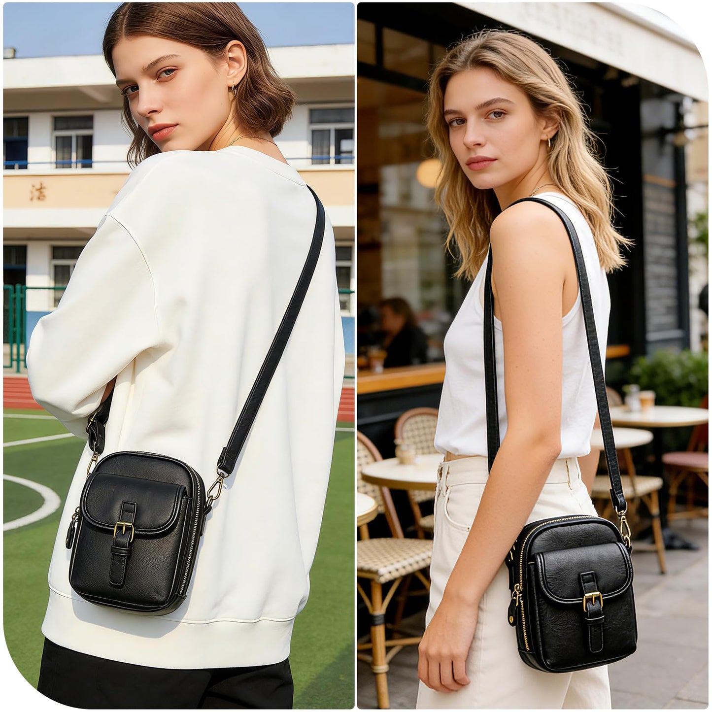 UBORSE Small Crossbody Bags for Women,Soft Vegan Leather Crossbody Handbag Adjustable Strap Travel Purse with Card Slots（Black S+leather strap）