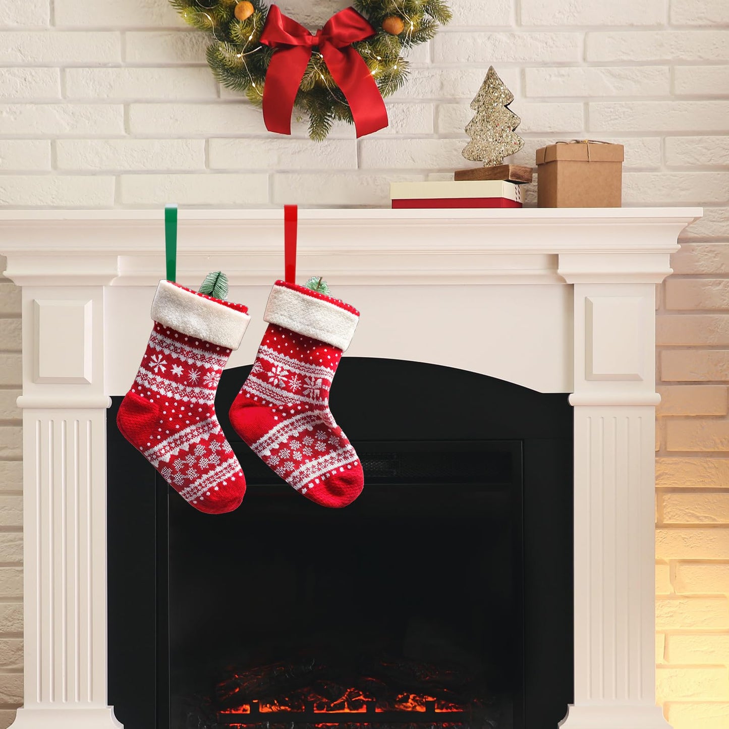 JarThenaAMCS 4Pcs Christmas Stocking Holders Metal Hanging Hooks Ornament Fireplace Mantel Hanger for Xmas Holiday Party Decorations (Red and Green)