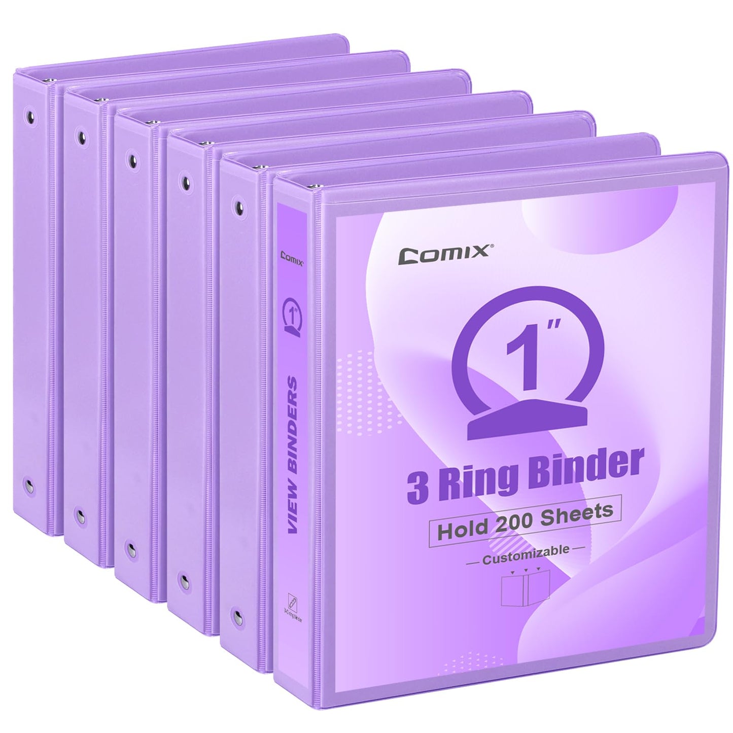 COMIX Standard 3 Ring Binder 1 inch with Clear View Cover, 1" Round Ring View Binder Holds 200 Sheets of US Letter Size Paper for School Office Supplies, 6 Pack (Pale Purple)