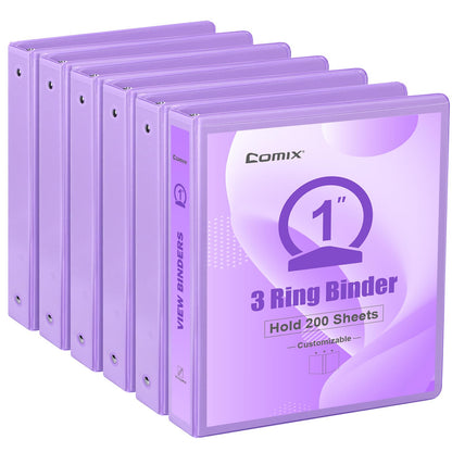 COMIX Standard 3 Ring Binder 1 inch with Clear View Cover, 1" Round Ring View Binder Holds 200 Sheets of US Letter Size Paper for School Office Supplies, 6 Pack (Pale Purple)