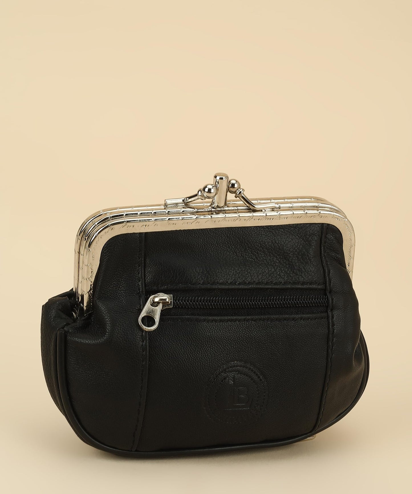 Leatherboss Genuine Leather Large Coin Purse Double Frame Wallet With Zipper Pocket, Black