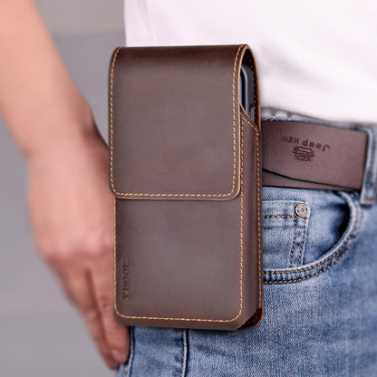 ykooe Genuine Leather Phone Holster Compatible with iPhone 16/15/14/13/12 Pro Max & Plus,17 Air Models, Galaxy S24/S23/S21 FE -Belt Clip and Magnetic Closure,Dark Brown,XL