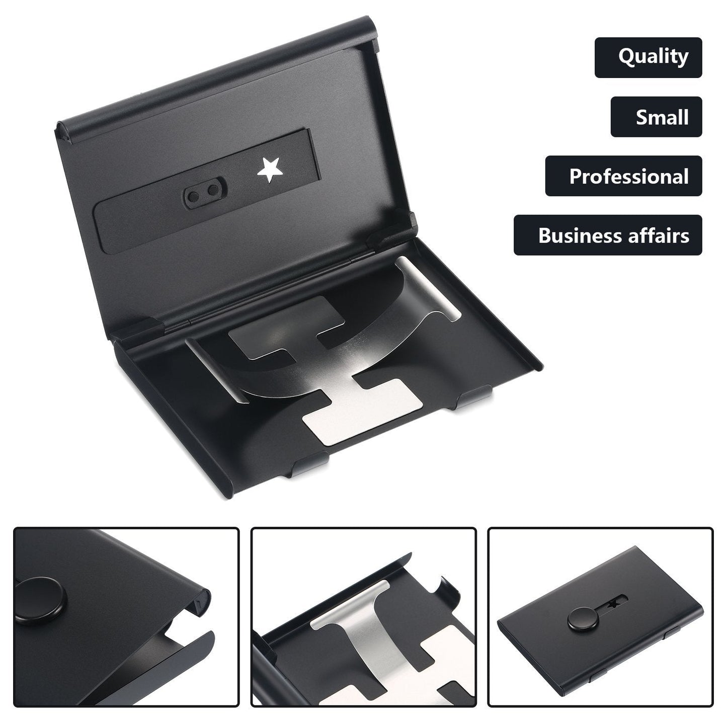 Tatuo 2 Pcs Business Card Holder Thumb Drive Black Gray Stainless Steel Business Name Card Case Portable Slide out Name Holder Wallet Nice Design Pocket for Men and Women