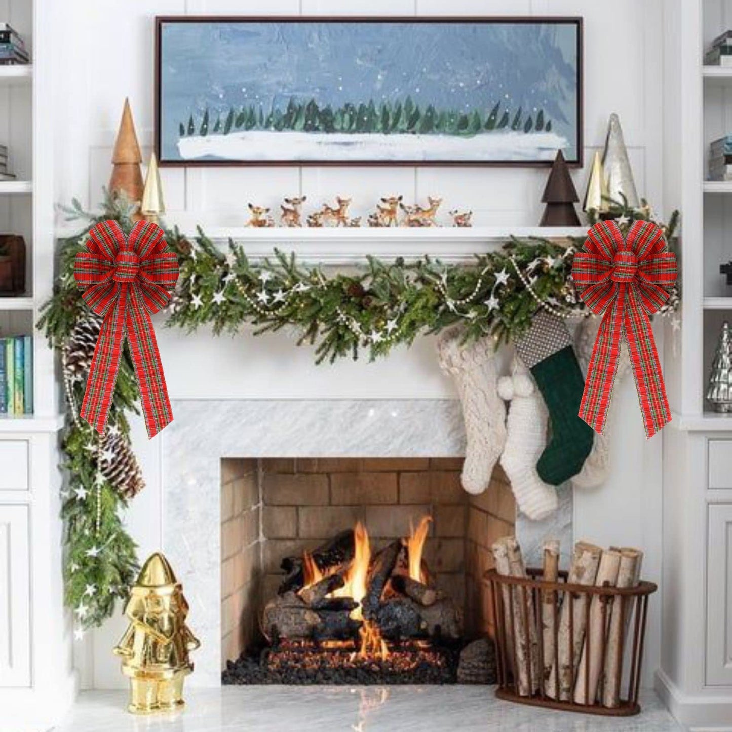 Meseey 2 Pcs 16 x 8 Inch Large Christmas Red and Green Bows Gold Wreaths Bow for Gift Wrapping Tree Topper Front Door Home Decorations
