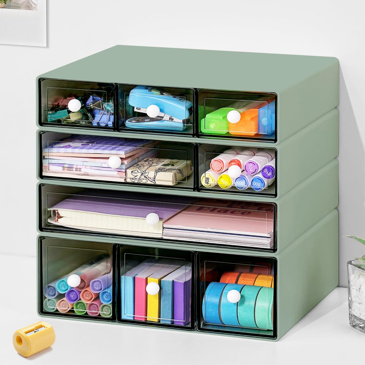MYKASEN Desk Organizer with 9 Drawers, 4 Tier Plastic Stackable Storage Drawers for Desk Storage, Office Stationary Makeup Organizer Suit for Home, Office and School