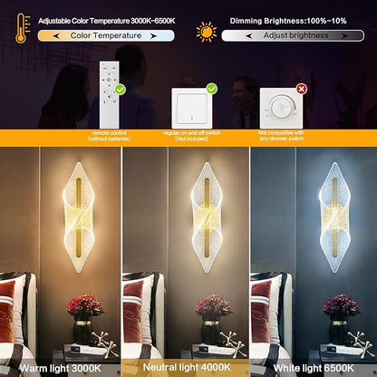 Modern Gold Wall sconces 17.3In LED Wall Lamp with Remote Control Dimmable Acrylic Sconces Wall Lighting for Living Room Hallway Bathroom Bedroom Stairs