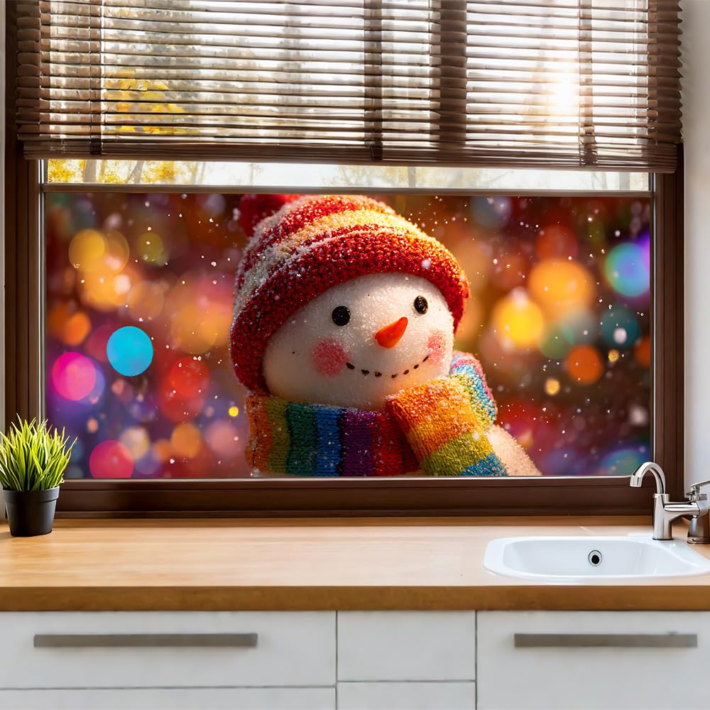WDESYADMS Window Film 39.4×17.3 Inch PVC Snowman with Rainbow Scarf Winter Lights Pattern Decorative Window Film for Home Privacy Enhancement Seasonal Christmas Window Covering