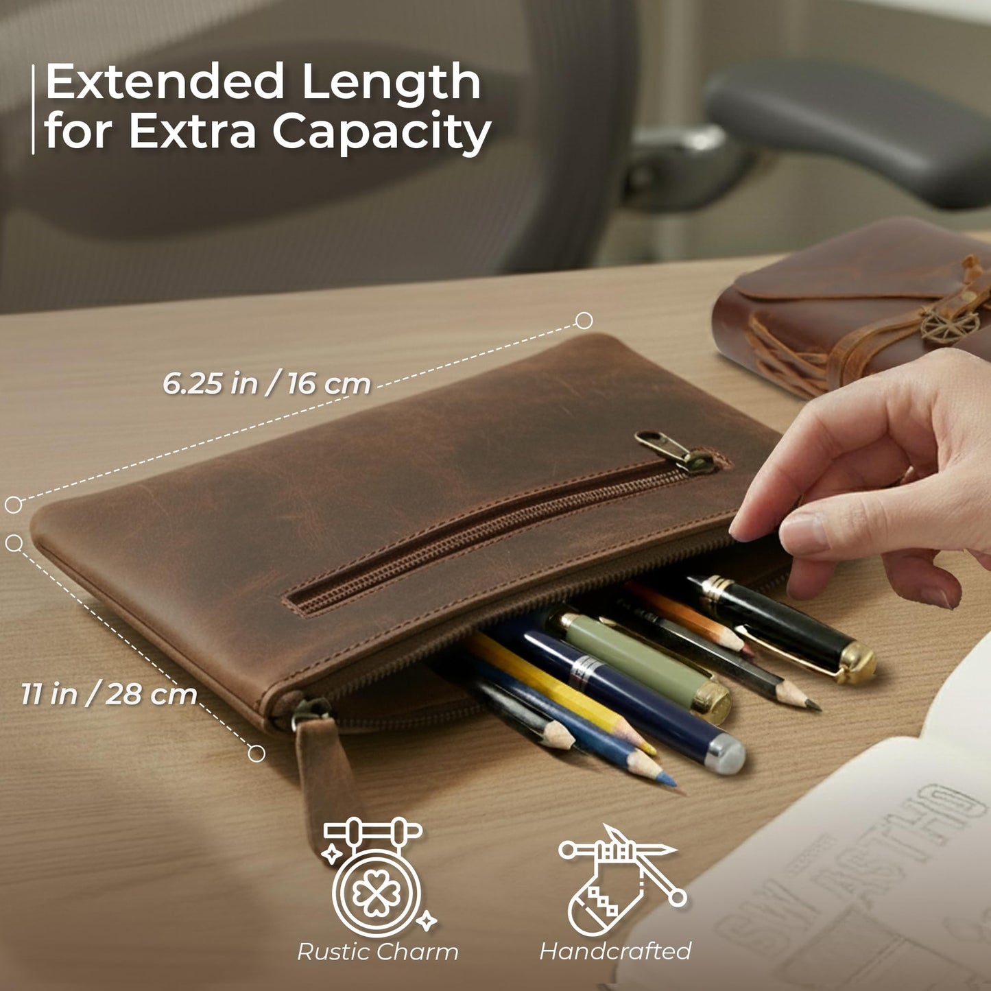 WANDERINGS Genuine Leather Pencil Pouch Case - Large 11" x 6.5" (28 x 16cm) - Hand Crafted Brown Leather Zipper Pouch - Slim Pencil Case Holder for Men and Women