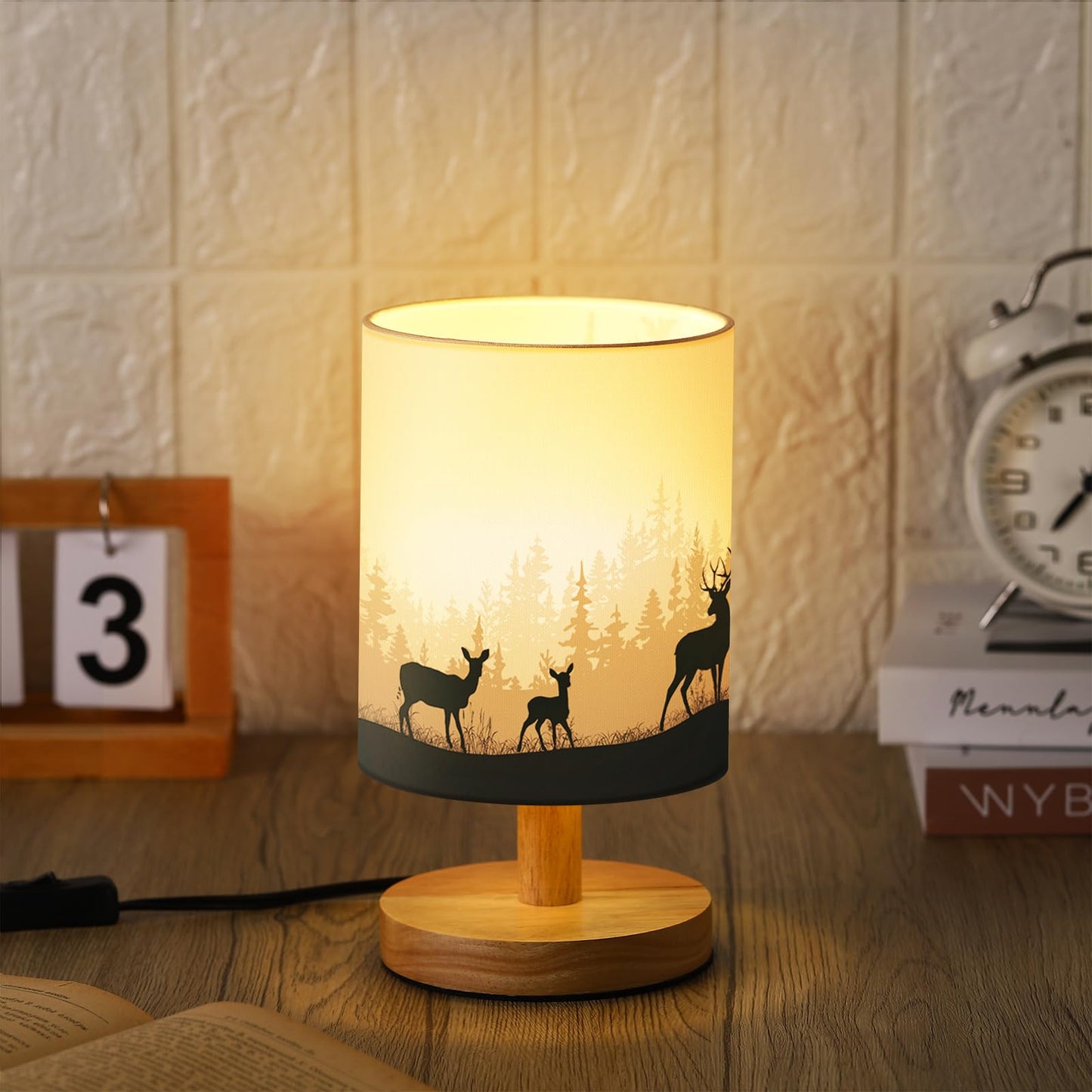 VIHOSE Woodland Deer Bedside Table Lamp Watercolor Winter Forest Tree Animal Deer Nightstand Lamp with Wood Base Fabric Lamp Shade Bedside Desk Lamp for Living Room Bedroom Kids Room Office