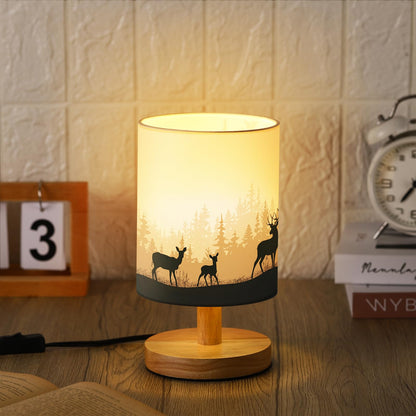 VIHOSE Woodland Deer Bedside Table Lamp Watercolor Winter Forest Tree Animal Deer Nightstand Lamp with Wood Base Fabric Lamp Shade Bedside Desk Lamp for Living Room Bedroom Kids Room Office