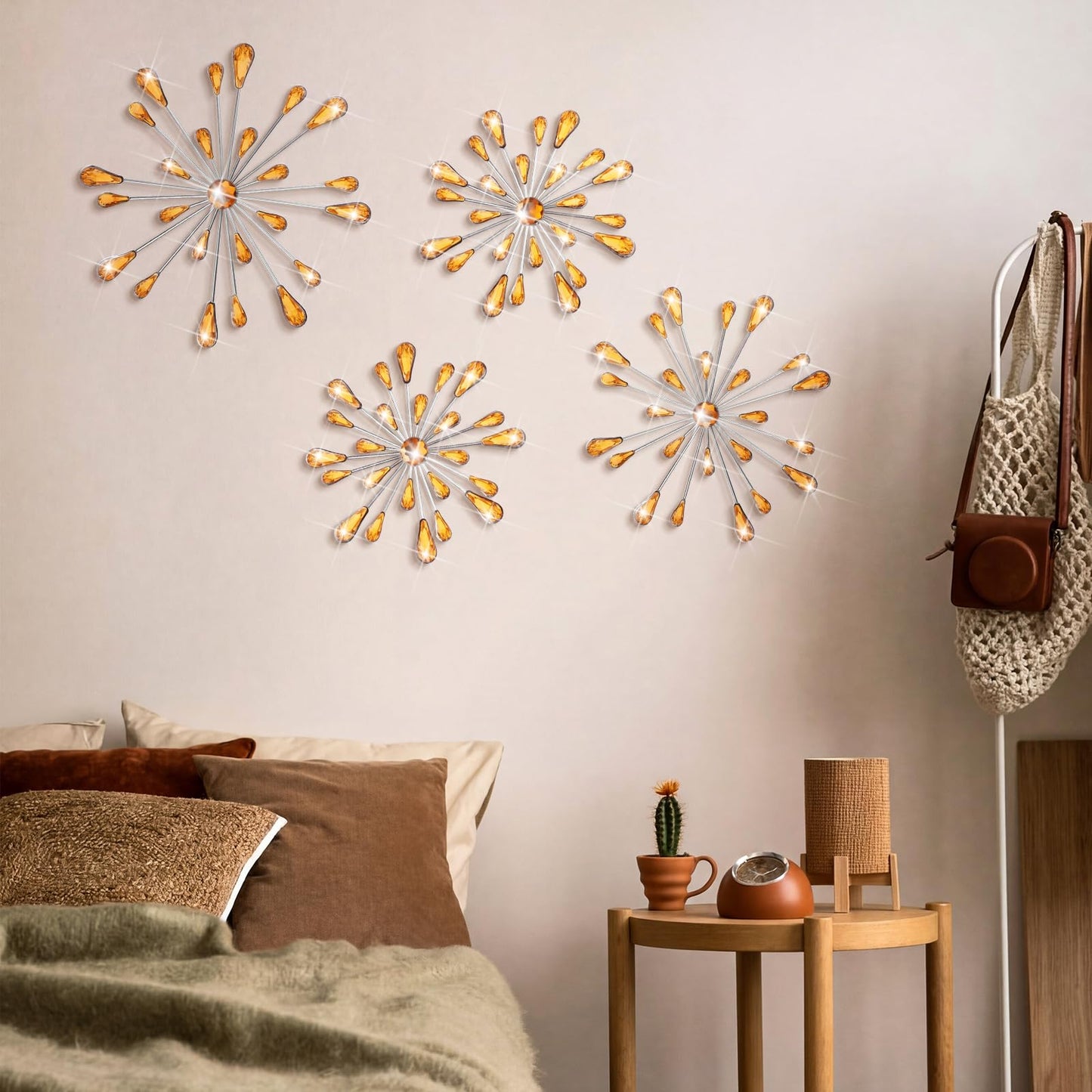 Hicarer 4 Pcs Starburst Wall Decor Bling Wall Art Crystal Teardrop 3D Hanging Rhinestone Radial Metal Artwork Modern Accent Sculptures Decorations for Living Room Home Office Bedroom(Amber)