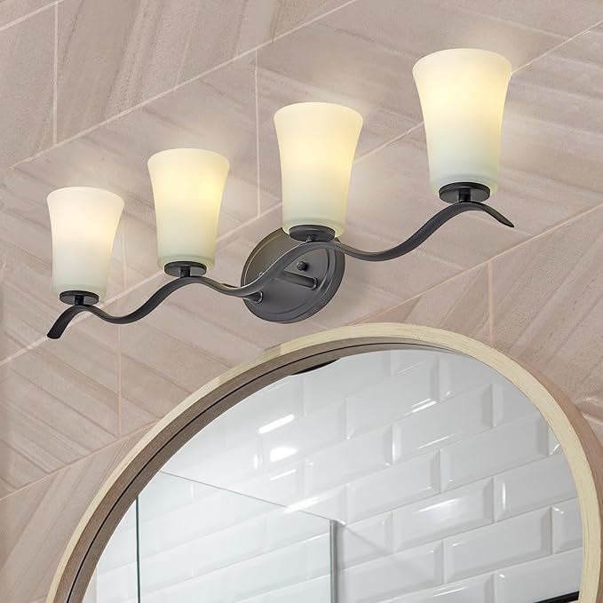 4 Light Bathroom Vanity Light Fixture, Oil Rubbed Bronze Vanity Light Fixtures with Milky White Glass Shade, Modern Bathroom Wall Sconces Lights Over Mirror