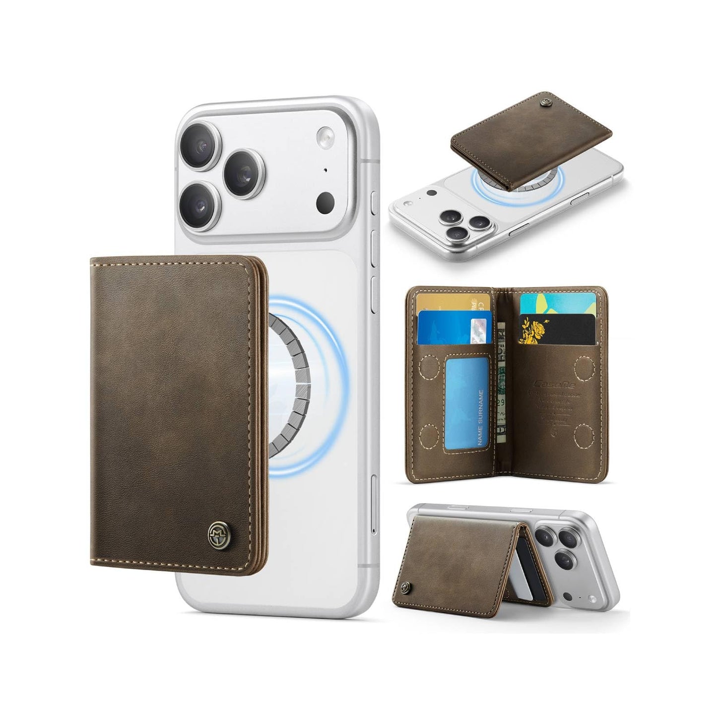XIMAND Magnetic Wallet Card Holder with RFID Protection, PU Leather Slim Wallet, Strong Magnet Attachment for iPhone 18/17/16/15/14/13/12 Series Pro Max Plus Mini-Brown
