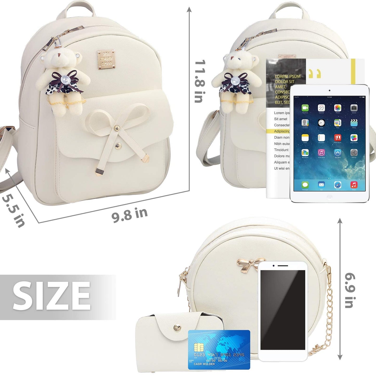 K.E.J. Women Mini Backpack Purse Bowknot Leather Backpack 3-PCS Cute Small Backpack Purse for Women Rucksack for Ladies Shoulder Bag