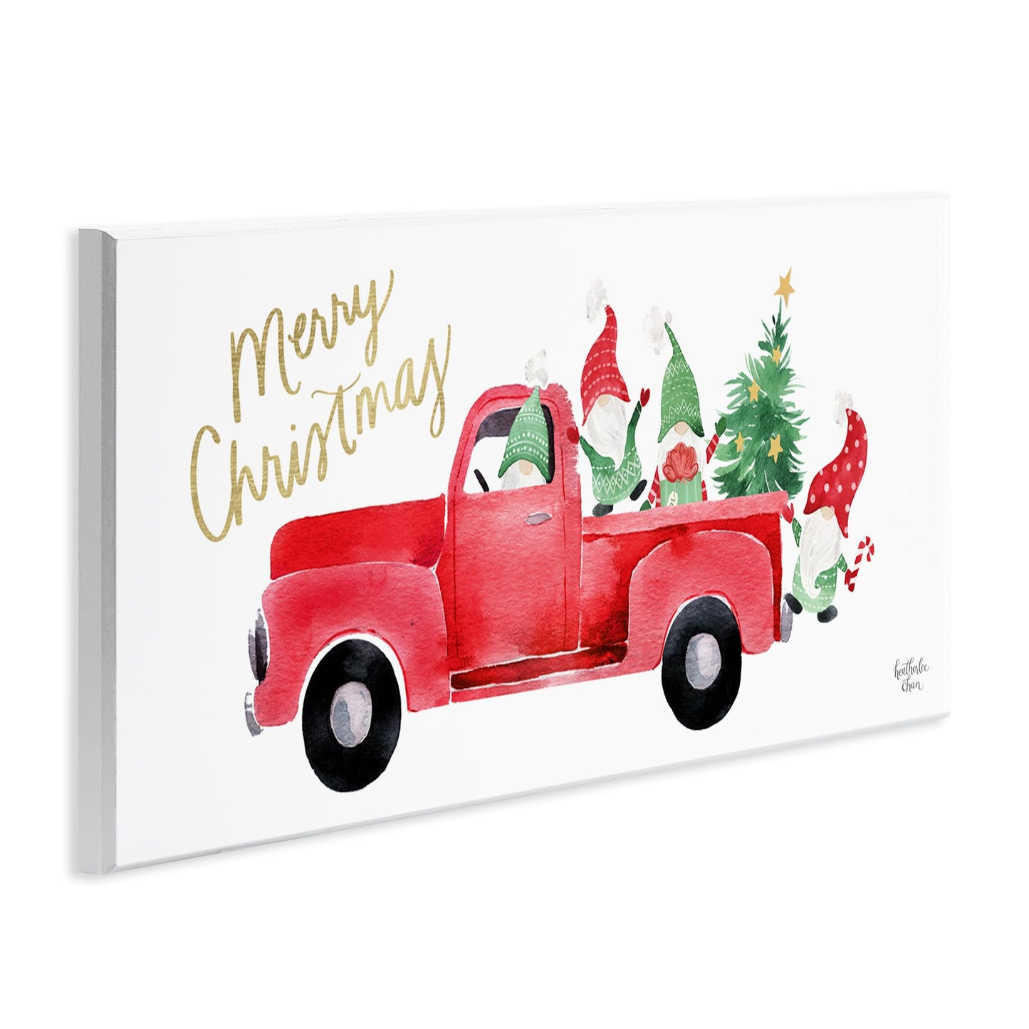 Stupell Industries 'Christmas Gnomes Driving Red Truck Decorated Tree', Wall Plaque Art, 17 x 7 Inches, Easy to Hang and Sturdy, Made in USA, by Heather Lee Chan