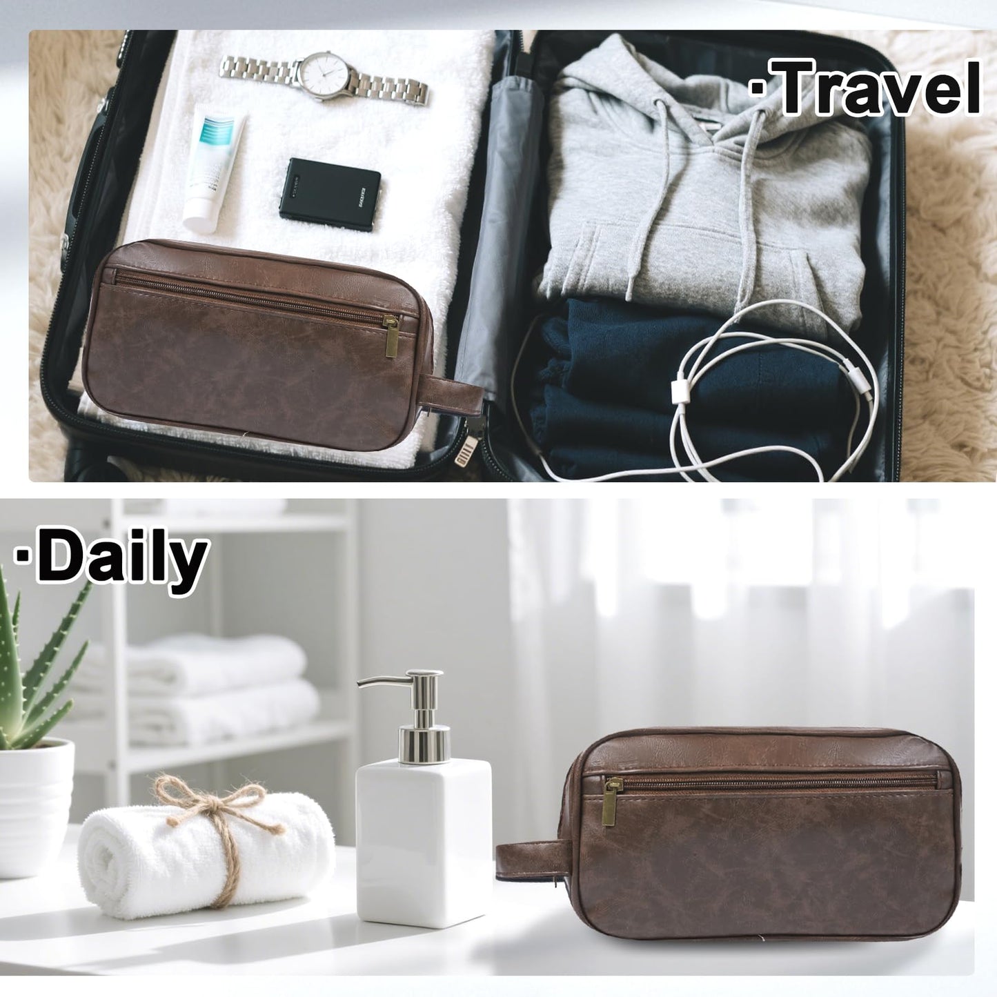 HEWTHM Mens travel toiletry bag Gift For Men, PU Leather Cosmetic Bag Water Resistant Dopp Kit Shaving Pouch Bathroom Toiletries Organizer(Coffee)
