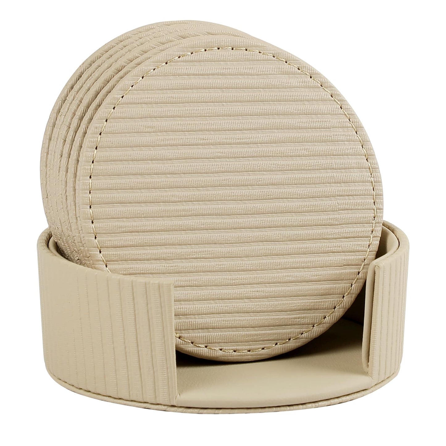 Leather Coasters Set of 6 with Holder, Tabletop Protection, Coffee Table & Bar Decoration, Modern-Style Drink Coasters Suitable for Home Dining Tables & Kitchen Accessories (Beige Stripe)